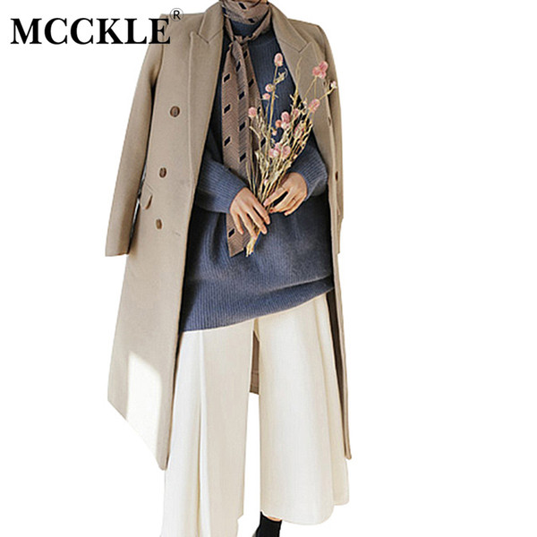 MCCKLE Women's Long Coon Padded Warm Wool Coat 2017 Winter Slim Double Breasted Woolen Coats And Blends Female Outwear