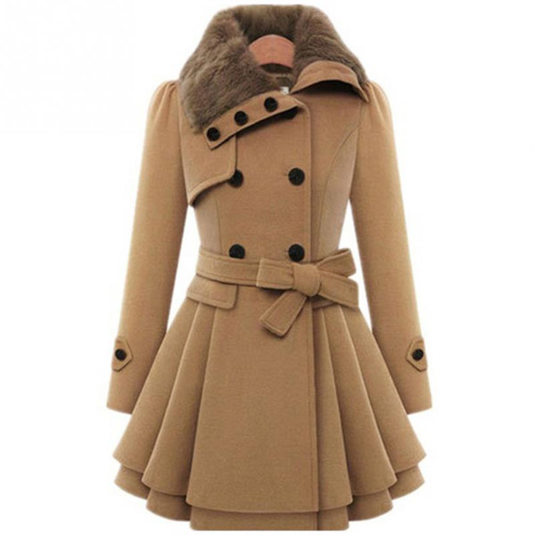 women winter autumn trench coat Fur Collar woolen coat double breasted long sleeve belt red slim womens khaki trench