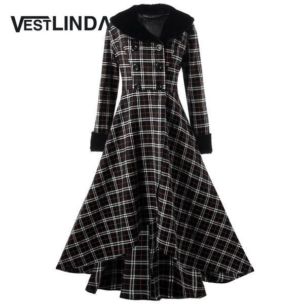 VESTLINDA Winter Coat Women Plus Size 5XL New Year Ladies Tops Double Breasted Plaid Swing X Long Slim Casual Buon Wool Coats