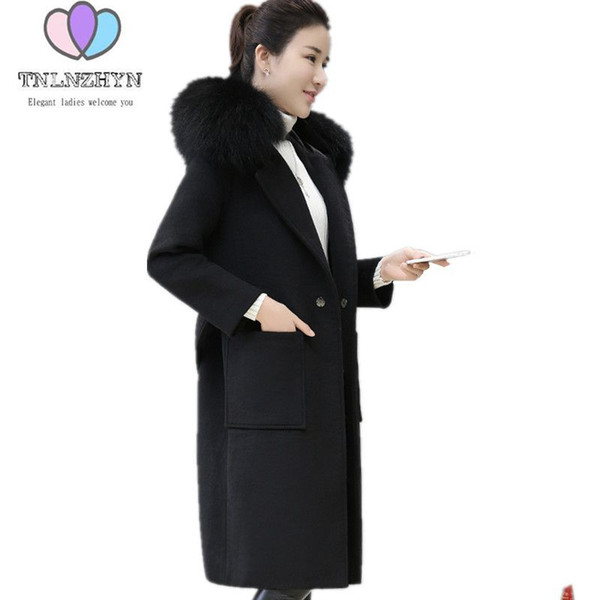 2017 New Fashion Autumn Winter Women Woolen Coat Slim Fur Collar Hooded Women Black Woolen Coat Casual Jacket TNLNZHYN E272