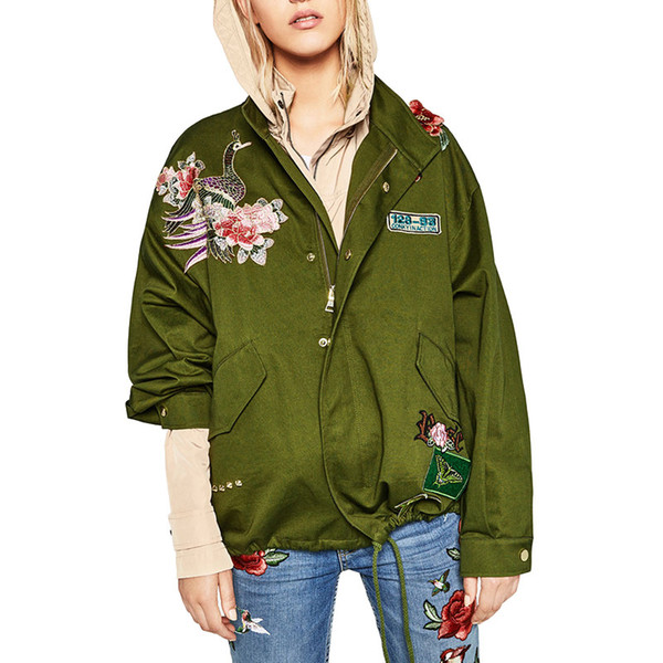 Wholesale- Fashion women army green floral embroidery bomber jacket patched rivet design casual coat punk outwear