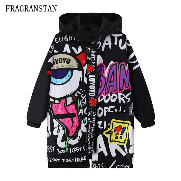 Female Spring Autumn New Hooded Black Jacket Women Fashion Graffiti Harajuku Oversize Coat Ladies Long Sleeve Loose Outwear Q365