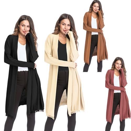 Women's Trench Coat Solid Color Open Front Tassel Decor Knitting Chic Outwear