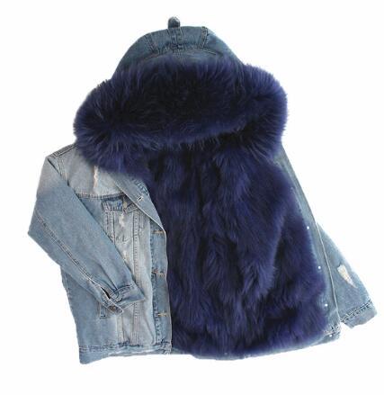 Dugujunyi 2019 autumn winter jacket coat women Holes Denim jacket real large raccoon fur collar and real Fox fur thick warm Line