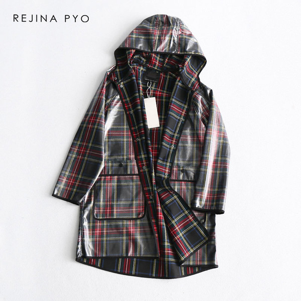 REJINAPYO Women Vintage Style Plaid Hooded Transparent Raincoat Long Trench Coat Covered Buttons High Street Plus Size