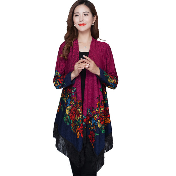 Spring and autumn women's national wind printing long section of loose big yards windbreaker jacket shawl