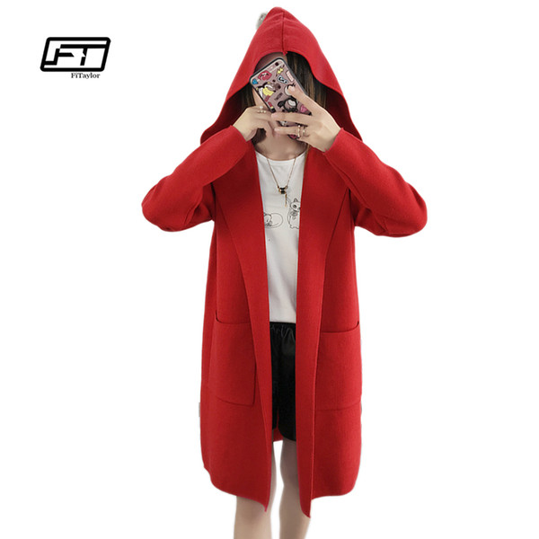 Fitaylor 2018 New Spring Autumn Women Knitted Cardigans Trench Coat Medium Long Hooded Outwear