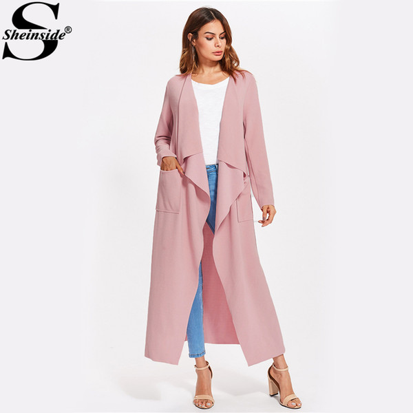 Sheinside Patch Pocket Self Belted Textured Waterfall Wrap Coat Pink Long Sleeve Elegant Outer With Belt Autumn Fall Work Outer