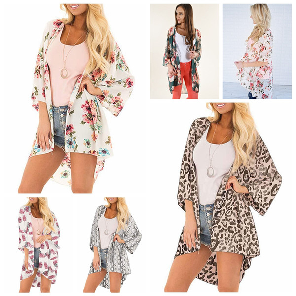 Women Leopard chiffon beach cover summer spring floral print kimono loose casual lady batwing sleeve cardigan swimwear cover cape AAA2261