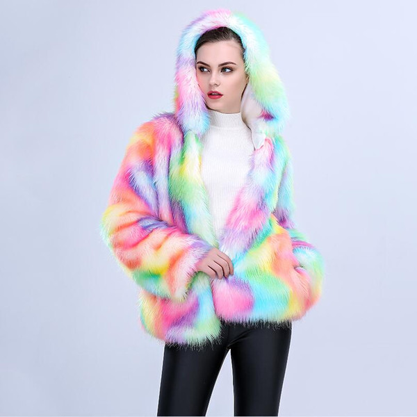 2017 Women Colorful Faux Fox Fur Coat With Hooded Multicolour Long Sleeve Artificial Fur Coats Jacket