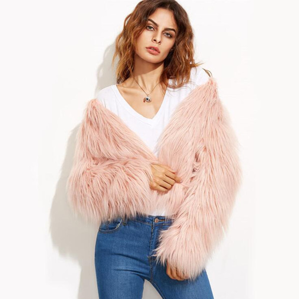 Women's Faux Fur Pink Winter Coat Women Elegant Collarless Long Sleeve Cute Warm Coats 2017 Fashion Autumn Open Front Crop Coat