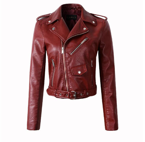 2017 New Fashion Women Wine Red Faux Leather Jackets Lady Bomber Motorcycle Cool Outerwear Coat with Belt 5 Colour