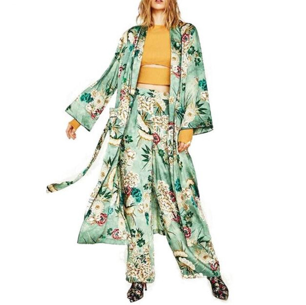 Women Vintage Floral Kimono Coat Open Stitch Sashes Outerwear Ladies European Style Casual Fashion Long Tops