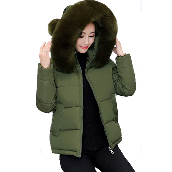 2018 fur collar hooded winter jacket women short cotton padded womens coat warm outerwear jaqueta feminina inverno