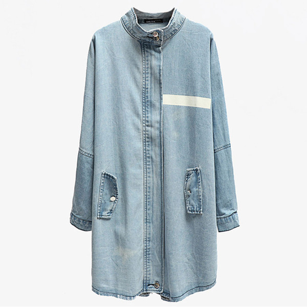 Long Wide-Waisted Straight Denim Jacket Women Washed Letter Single-Breasted Loose Long-Sleeved Ladies Coat Tops Casual Outerwear