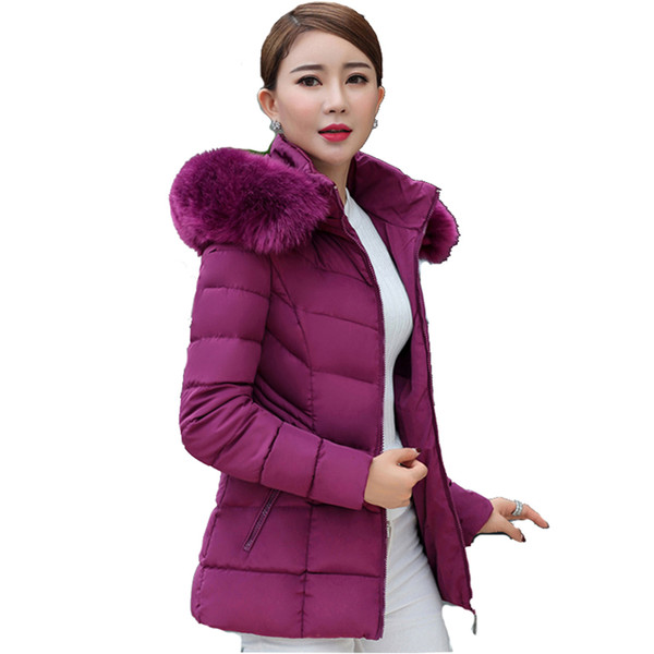 Short fur collar winter jacket women autumn cotton padded solid color womens parka with hood high quality female coat 2018