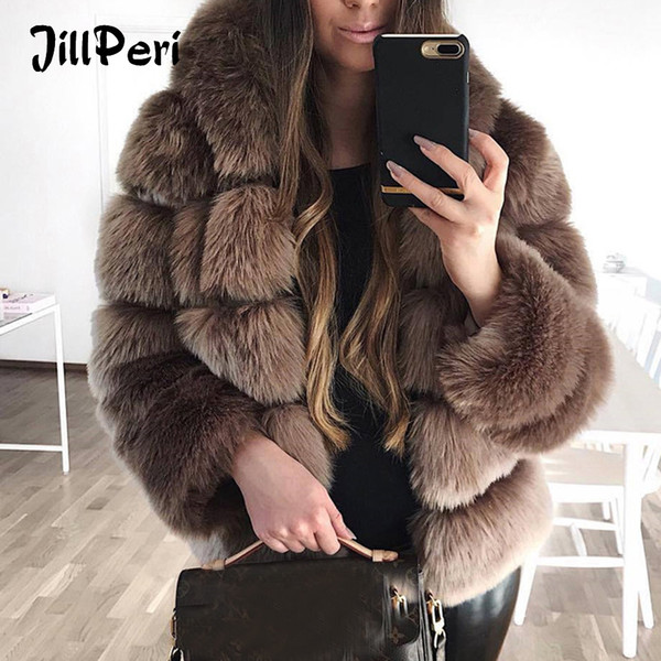 JillPeri Winter Warm Thick Fur Coat with Hat Fashion Women Short Solid Daily Outfit Tops New Long Sleeve High Neck Thick Fur