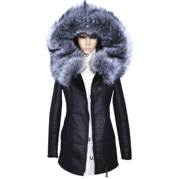 2017 Winter Jacket Women Thick Artificial Coats Fashion Slim Faux Suede Leather Female Models Artificial Fox Fur Collar Outwear