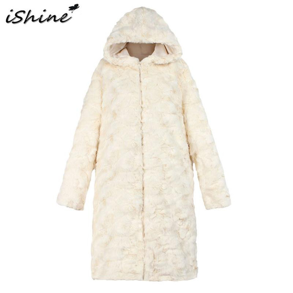 iSHINE Women Fur Coat Solid Fashionable Buckle Faux Fur Coat Long Hooded Thick Shaggy Faux Long Soft Warm Female Outwear