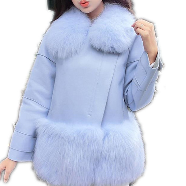 2018 pu leather splice coat female fox fur coat with long women