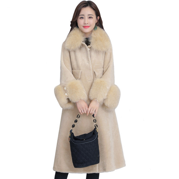 Sheep sheared long coat new winter fox fur collar wool fur coat women faux High-end warmth no bloated plus size