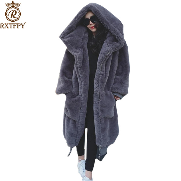 New Women Fashion Long Winter Zipper Hooded Warm Outerwear Plus Size Wool Blends Medium length Female Faux Fur Coat A76