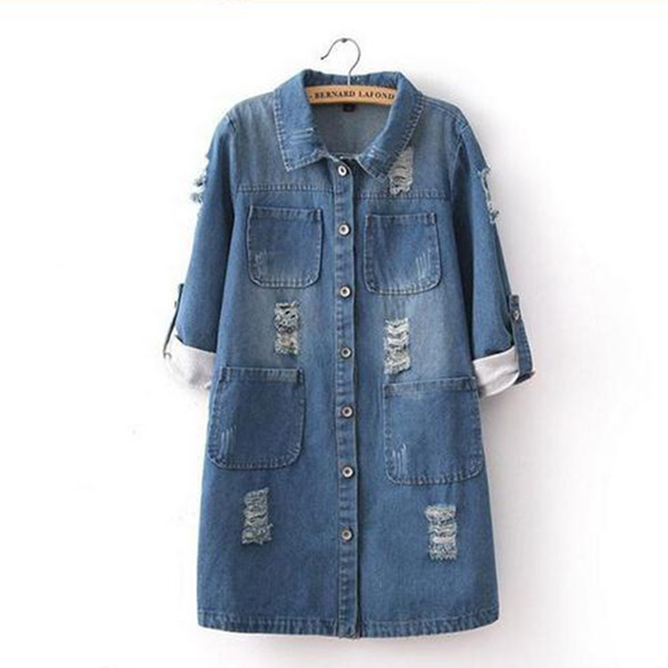 Fashion Women Ladies Three Quarter Roll Up Jeans Coat Casual Ripped Long Denim Jeans Jacket