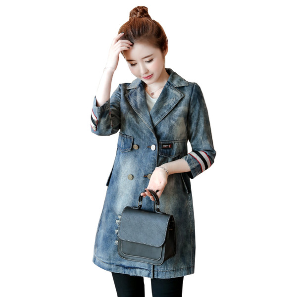 2018 Spring New Women Denim Trench Coats British Fashion Patchwork Pockets Simple Double-breasted Long Trench Coats denim