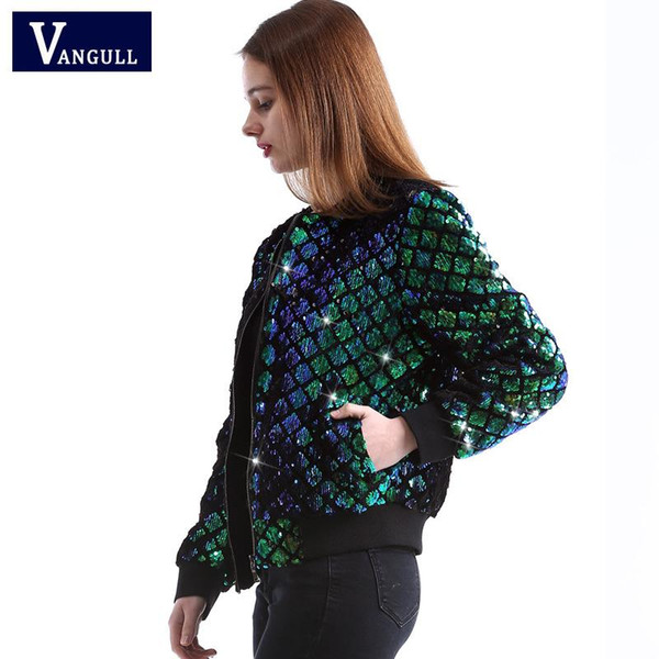 Vangull New Spring Autumn Women Sequin Coat Green Bomber Jacket Long Sleeve Zipper Streetwear Jacket Preppy Casual Basic Coat