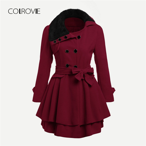 COLROVIE Plus Size Burgundy Ruffle Belted Double Layered Winter Faux Fur Coat 2018 Autumn Button Warm Vintage Ladies Outerwear