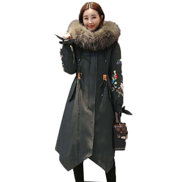 Natural fur collar Down Cotton Coat Female Winter Jacket Women Warm Coats Embroidery Hooded Down Parka Women Outerwear 827