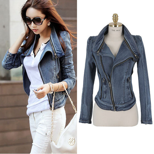 Wholesale- Vintage Side Zipper Slim Women Basic Coats 2017 New Spring Long Sleeve Plus Size Turn-Down Collar Denim Jacket Female Jeans Coat