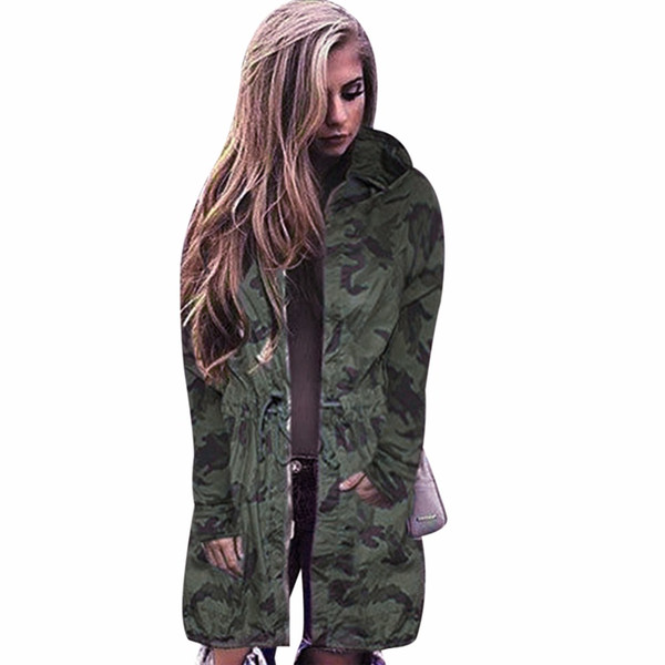 New Women Camouflage Long Coat Fashion Drawstring Zipper Long Sleeve Slim Hooded Jacket Spring Autumn Hip Hop Camo Outerwear