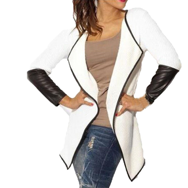 Wholesale- 2017 Autumn Women Splice PU Leather Knitting Cardigans Long Sleeve Lapel Thin Coat Patchwork Mid Long Jacket Outwear Poncho S-3X