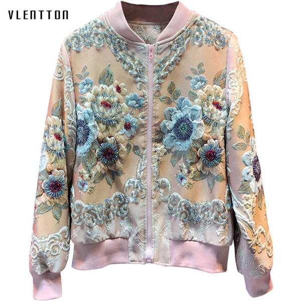 Designer Luxury Pink Slim Women's Jackets Coat Elegant Beading Flower Print Female Bomber Jacket Tops Casual Outwear Veste Femme