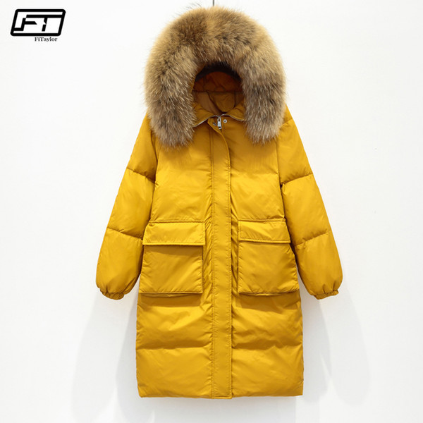 Fitaylor Winter Jacket Women Large Real Raccoon Fur Collar White Duck Down Long Parkas Coat Female Hooded Pockets Snow Outwear