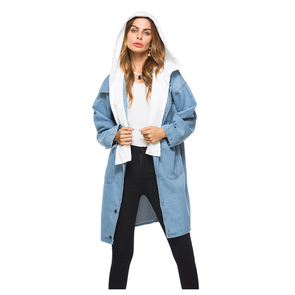 Women New Fashion Spring Autumn Long Sleeve Hooded Denim Jacket Vintage Loose Denim Coats Female Casual Long Coats 2color