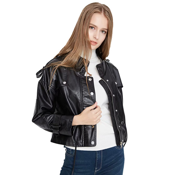 Women Black PU Leather Jackets 2019 Spring-Autumn Ladies Fashion Bomber Coats Bat Sleeve Oversize Jacket Girls Chic Outfits Tops