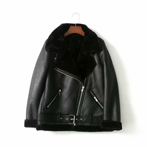 Winter Women Sashes Pu Leather Coat Turn-Down Collar Zipper Warm Jacket Imitation Thick Fur Leather Motorcycle Jacket Outwear