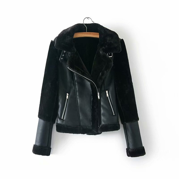 Women-s Faux Leather Fleece Jackets Ladies Autumn-Winter Warm Black Short Coat Girls Faux Hairly Liner Anorak PU Jacket Outwear