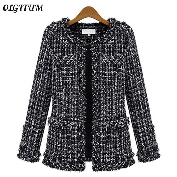 Hot! Women Jacket Autumn winter Slim thin checkered Tweed coat Large size casual O-Neck Plaid Jacket with pocket loose outwear