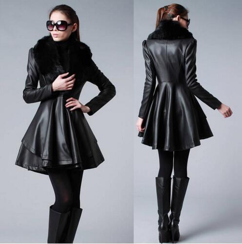 S-6XL Autumn Winter New Women Medium-Long PU Clothing Scrub Water Washed Leather Coat Large Fur Collar Slim Leather Outerwear