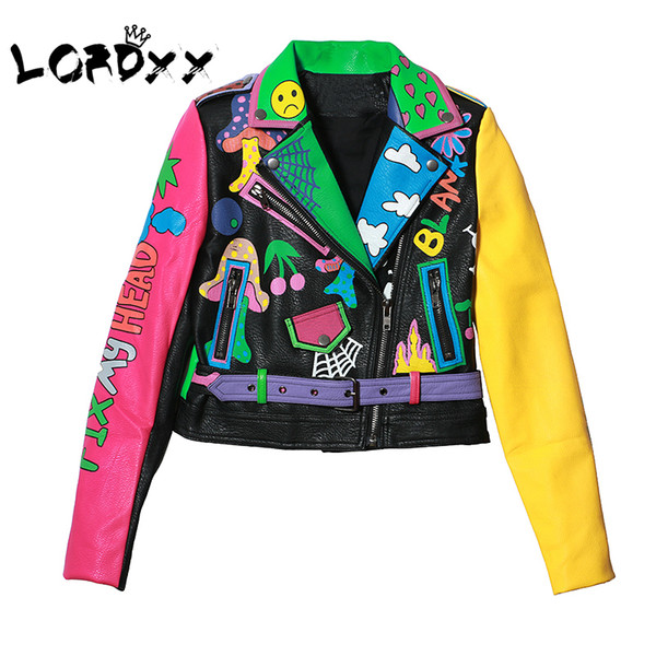 LORDXX Colorful Rainbow Jacket Women New Fashion print yellow sleeve Street Short Leather Jacket Zipper Motorcycle Coat