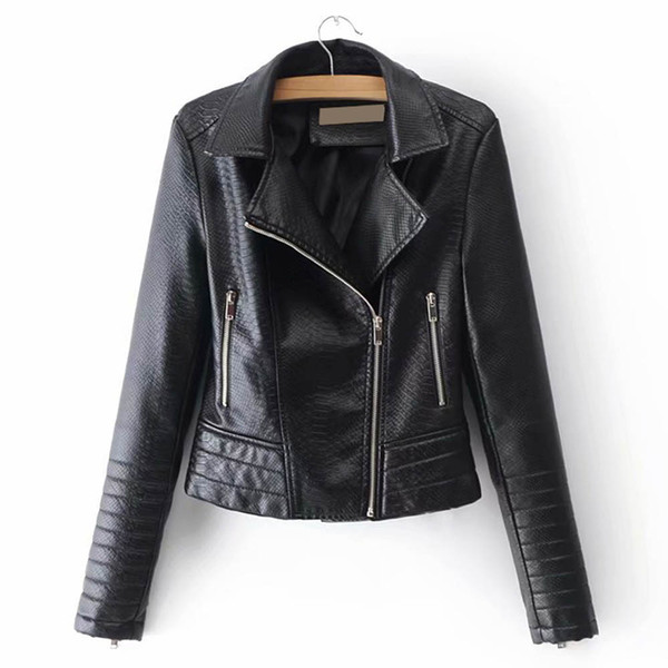 ANSFX Stylish Black Snake Texture Faux Leather Jacket Turn-down Collar Zipper Pockets Coat Motorcycle Biker Outwear PU Tops