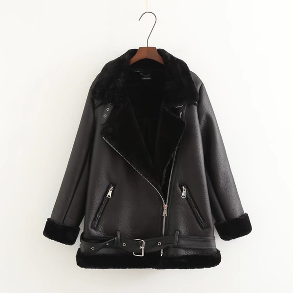 Popular Women's Autumn And Winter Warm Imitation Leather Jacket With Fur Collar Ladies Black Motorcycle & Riding Jacket Coat