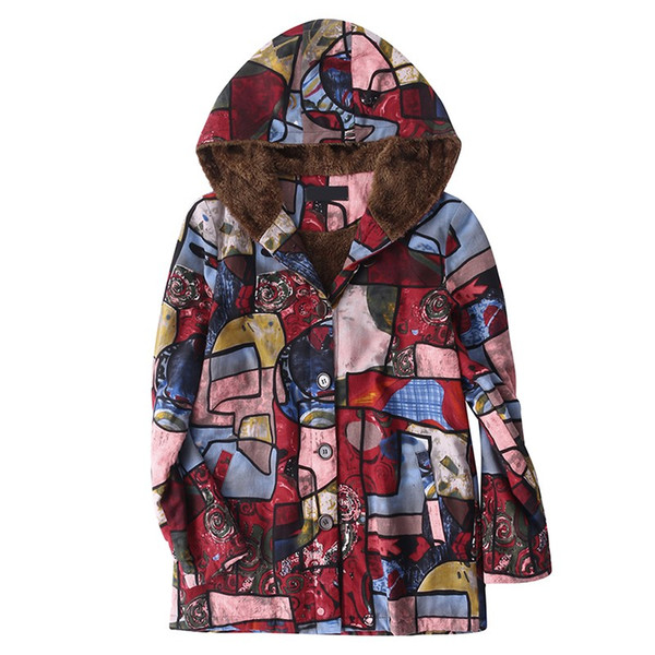 ZANZEA 2018 Winter Warm Fleece Coat Retro Casual Women Hooded Long Sleeve Loose Cotton Linen Ethnic Printed Plush Fluffy Jackets