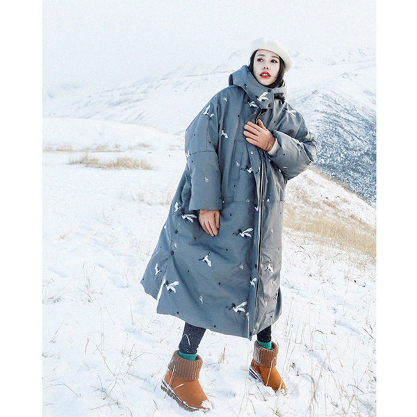 Jessica's Store Women New Winter Thick Warm Embroidery Hooded Oversized Grey Long White Duck Down Jacket Overcoat