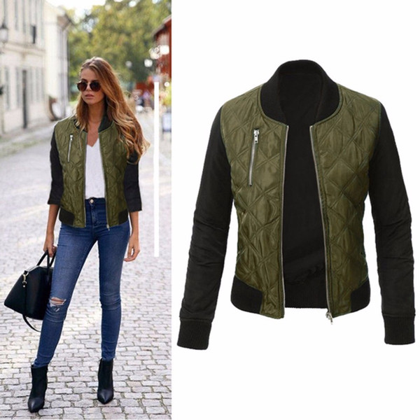 Puseky Fashion Autumn Women Army Green Bomber Jackets Parkas Cool Zipper Down Jacket Coats Streetwear Patchwork Biker Outwear