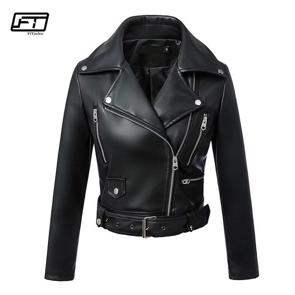 Fitaylor Black Faux Leather Jacket Women Spring Autumn Short Soft Pu Leather Jackets With Belt Zipper Moto Biker Coat