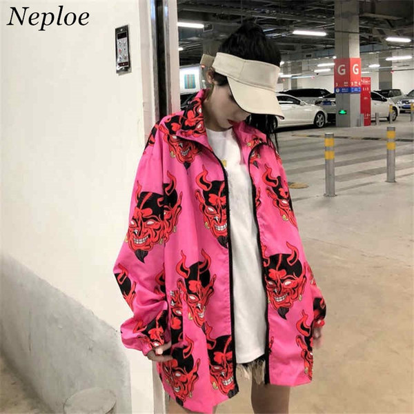 Neploe Harajuku BF Coat Devil Printed Jacket Long Sleeve Stand Collar Tops Causal Thin Sun Protection Outwear Woman Man 36193